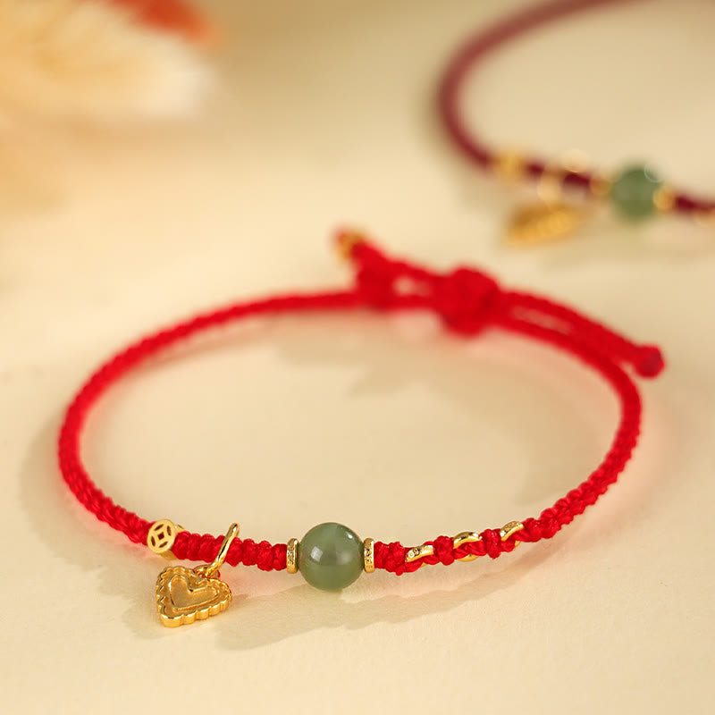Bracelet porte-bonheur en argent sterling 925 avec perles de jade Hetian et breloque cœur en cuivre 