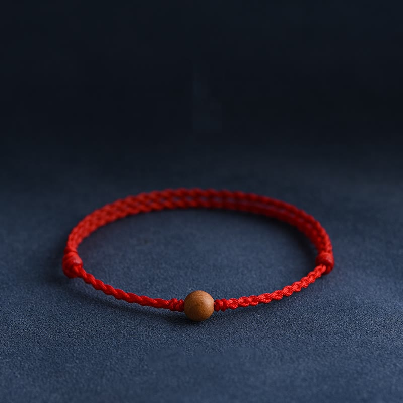 Wealth Luck Natural Peach Wood Bead Braided Bracelet