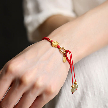 Bracelet porte-bonheur en jade Hetian avec petites fleurs de pêcher et breloque Fu