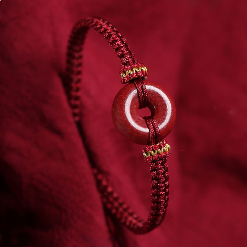 Auspicious Blessing Handmade Cinnabar Round Peace Buckle Braided Bracelet