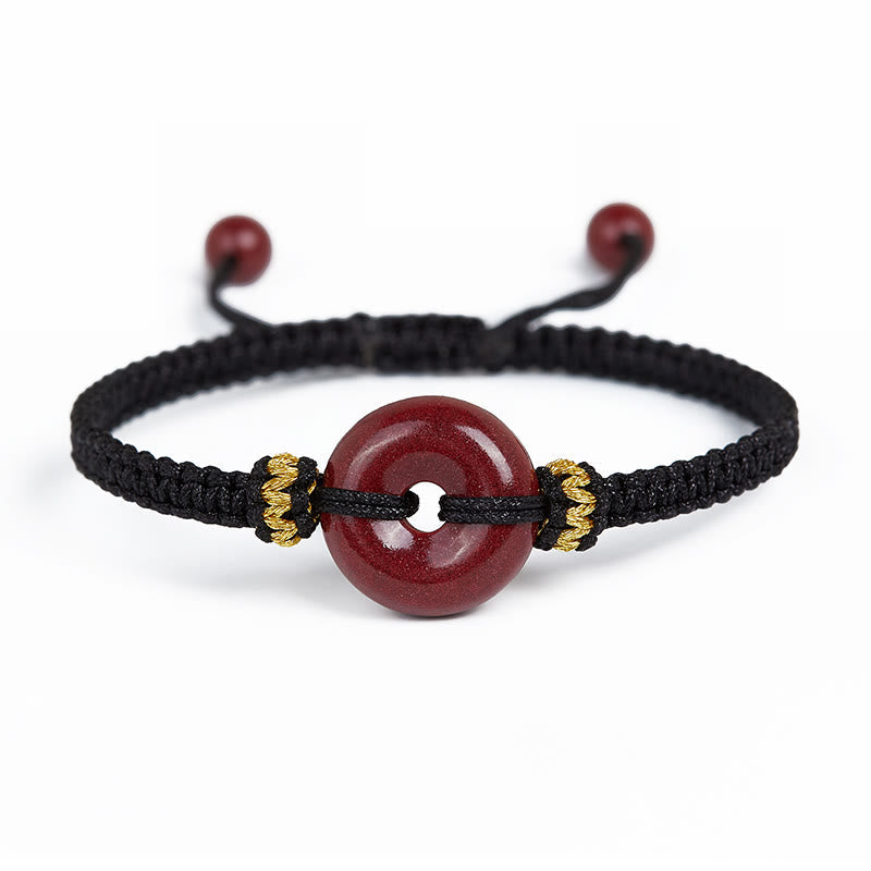 Auspicious Blessing Handmade Cinnabar Round Peace Buckle Braided Bracelet