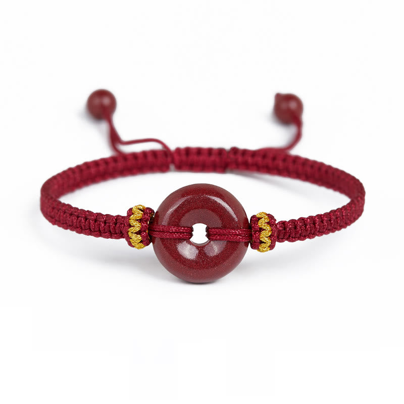 Buddha Stones Handmade Cinnabar Round Peace Buckle Concentration Braided Bracelet