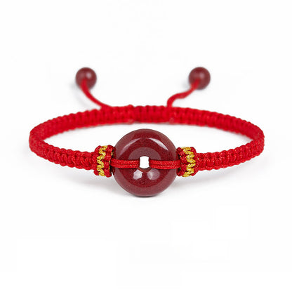 Auspicious Blessing Handmade Cinnabar Round Peace Buckle Braided Bracelet