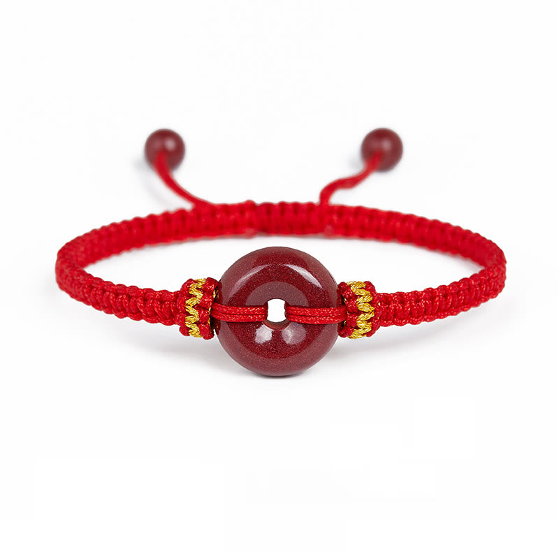 Auspicious Blessing Handmade Cinnabar Round Peace Buckle Braided Bracelet