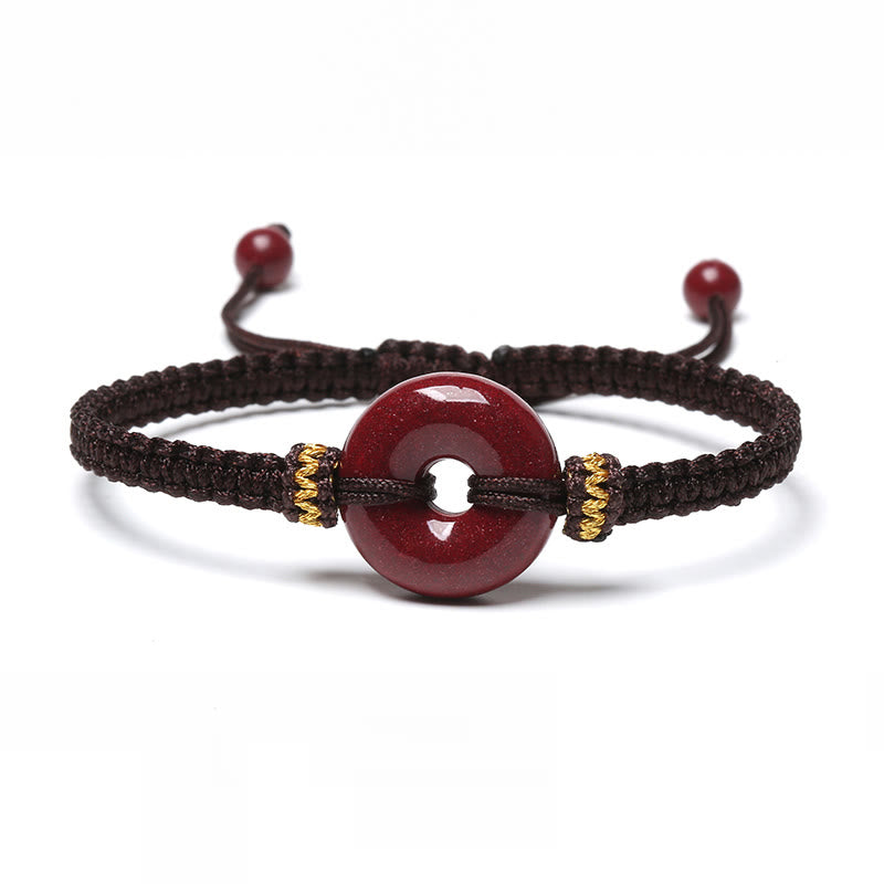 Auspicious Blessing Handmade Cinnabar Round Peace Buckle Braided Bracelet