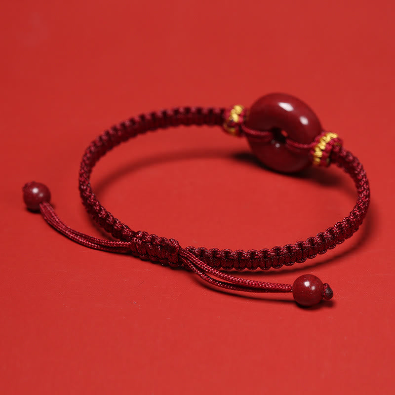 Auspicious Blessing Handmade Cinnabar Round Peace Buckle Braided Bracelet