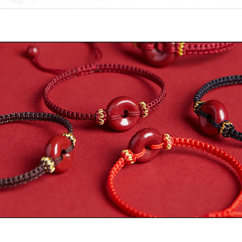 Auspicious Blessing Handmade Cinnabar Round Peace Buckle Braided Bracelet