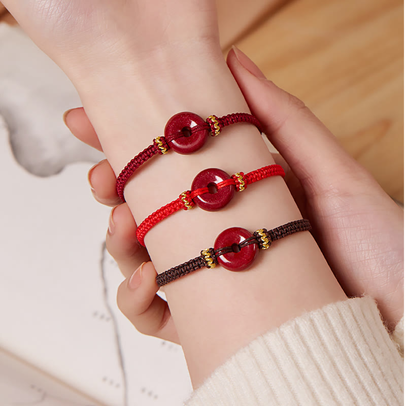 Buddha Stones Handmade Cinnabar Round Peace Buckle Concentration Braided Bracelet