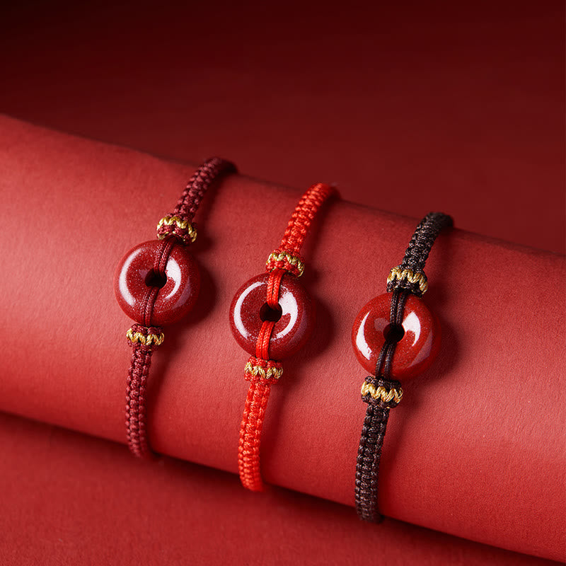 Auspicious Blessing Handmade Cinnabar Round Peace Buckle Braided Bracelet