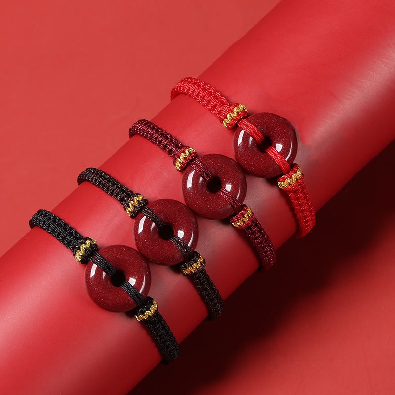 Auspicious Blessing Handmade Cinnabar Round Peace Buckle Braided Bracelet