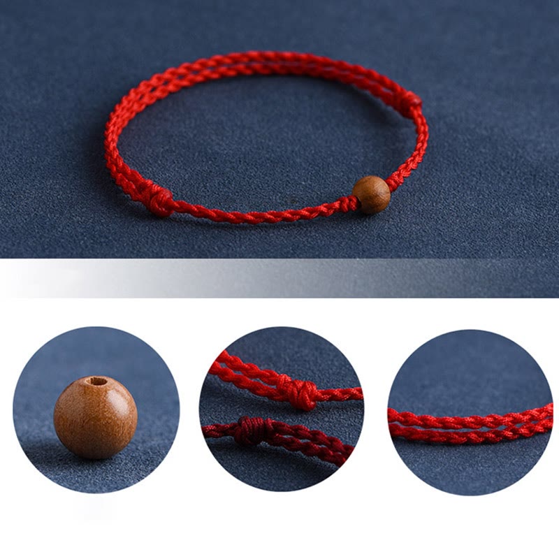 Wealth Luck Natural Peach Wood Bead Braided Bracelet