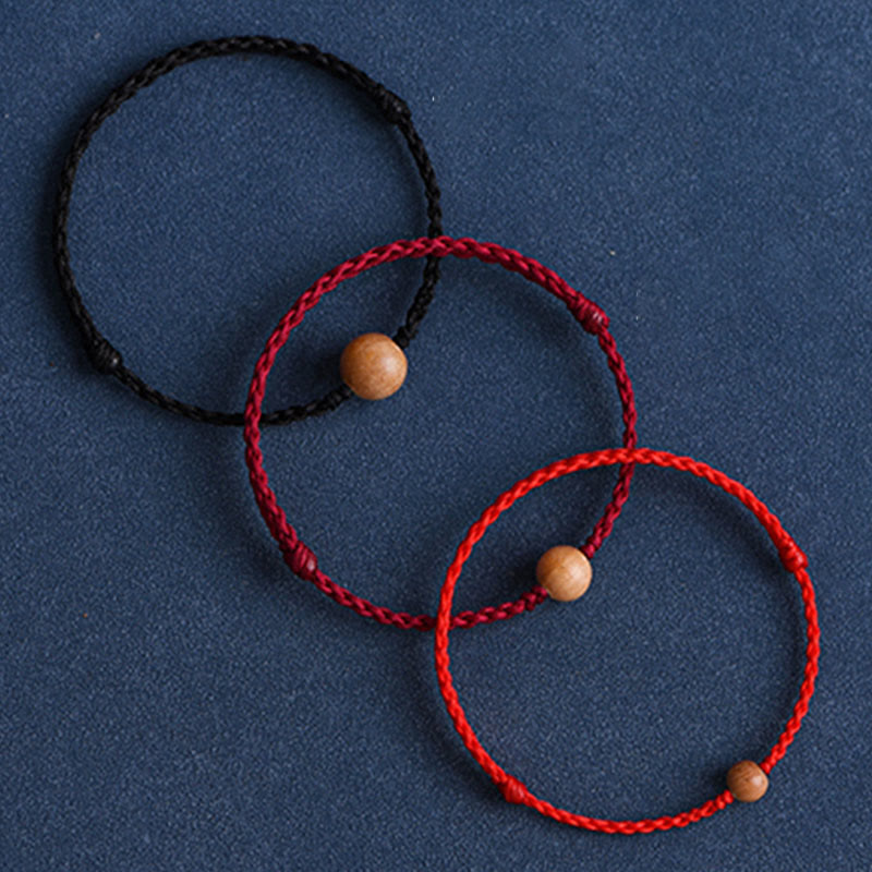 Wealth Luck Natural Peach Wood Bead Braided Bracelet