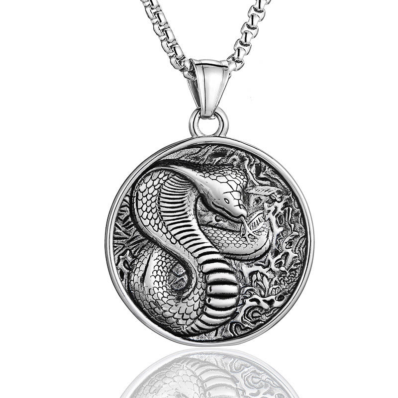 Collier pendentif année du serpent en acier titane et équilibre calme 