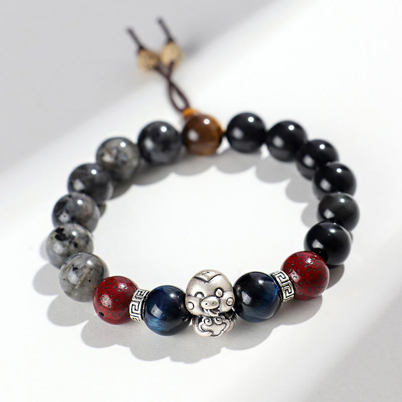 Buddha Stones Black Glitter Stone Black Onyx 999 Sterling Silver Fu Character Copper Coin Year Of Snake Protection Bracelet BS
