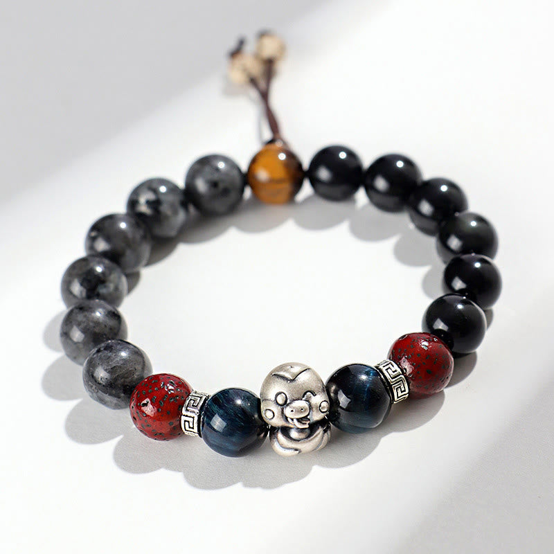 Buddha Stones Black Glitter Stone Black Onyx 999 Sterling Silver Fu Character Copper Coin Year Of Snake Protection Bracelet BS