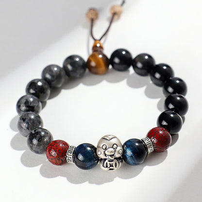 Buddha Stones Black Glitter Stone Black Onyx 999 Sterling Silver Fu Character Copper Coin Year Of Snake Protection Bracelet BS
