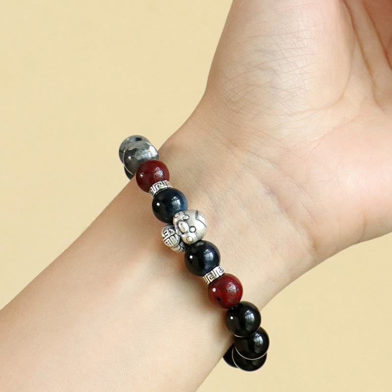 Buddha Stones Black Glitter Stone Black Onyx 999 Sterling Silver Fu Character Copper Coin Year Of Snake Protection Bracelet BS