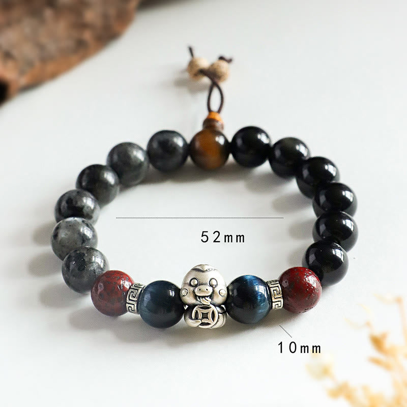 Buddha Stones Black Glitter Stone Black Onyx 999 Sterling Silver Fu Character Copper Coin Year Of Snake Protection Bracelet BS
