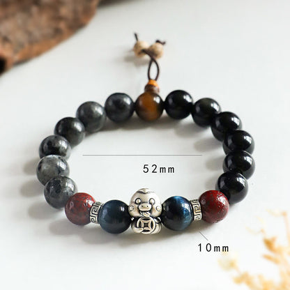 Buddha Stones Black Glitter Stone Black Onyx 999 Sterling Silver Fu Character Copper Coin Year Of Snake Protection Bracelet BS