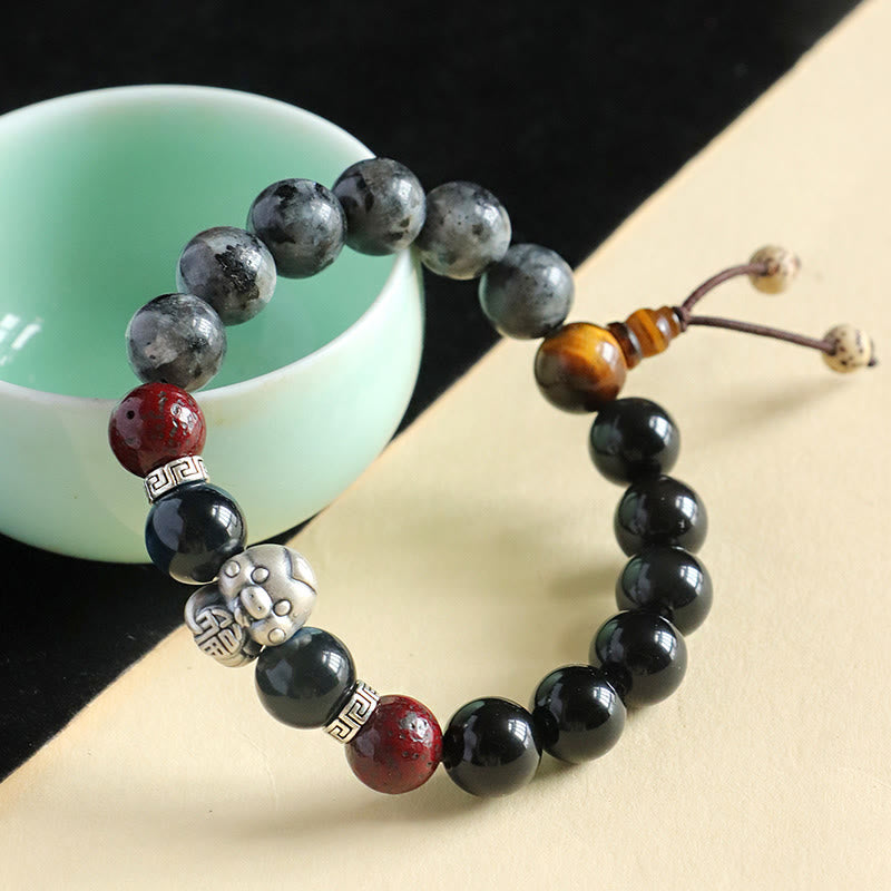 Buddha Stones Black Glitter Stone Black Onyx 999 Sterling Silver Fu Character Copper Coin Year Of Snake Protection Bracelet BS