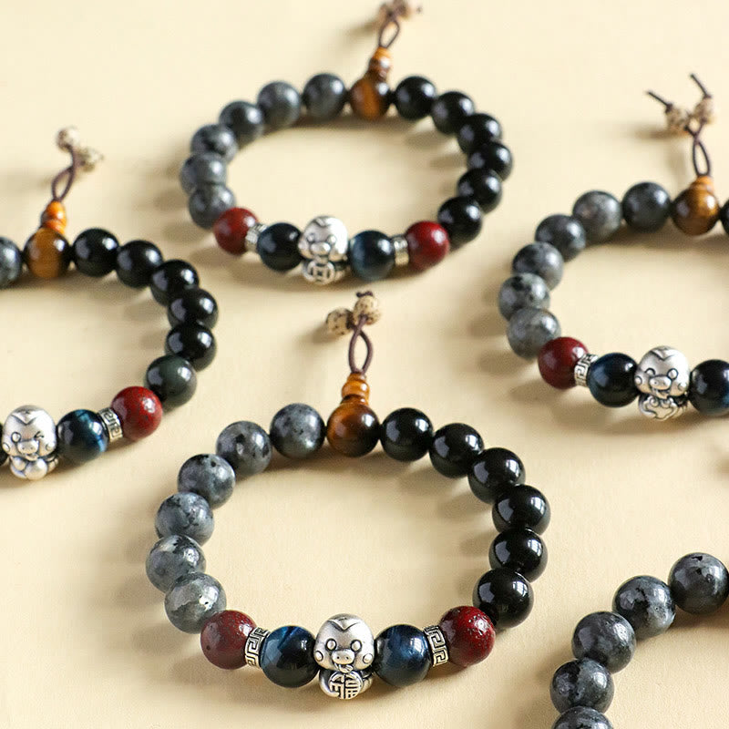 Buddha Stones Black Glitter Stone Black Onyx 999 Sterling Silver Fu Character Copper Coin Year Of Snake Protection Bracelet BS