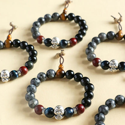 Buddha Stones Black Glitter Stone Black Onyx 999 Sterling Silver Fu Character Copper Coin Year Of Snake Protection Bracelet BS