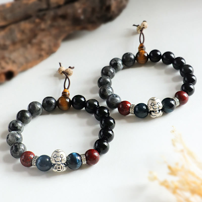 Buddha Stones Black Glitter Stone Black Onyx 999 Sterling Silver Fu Character Copper Coin Year Of Snake Protection Bracelet BS