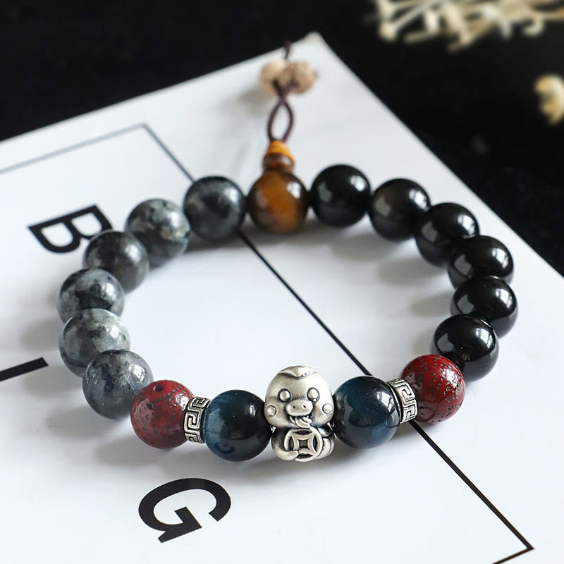 Buddha Stones Black Glitter Stone Black Onyx 999 Sterling Silver Fu Character Copper Coin Year Of Snake Protection Bracelet BS