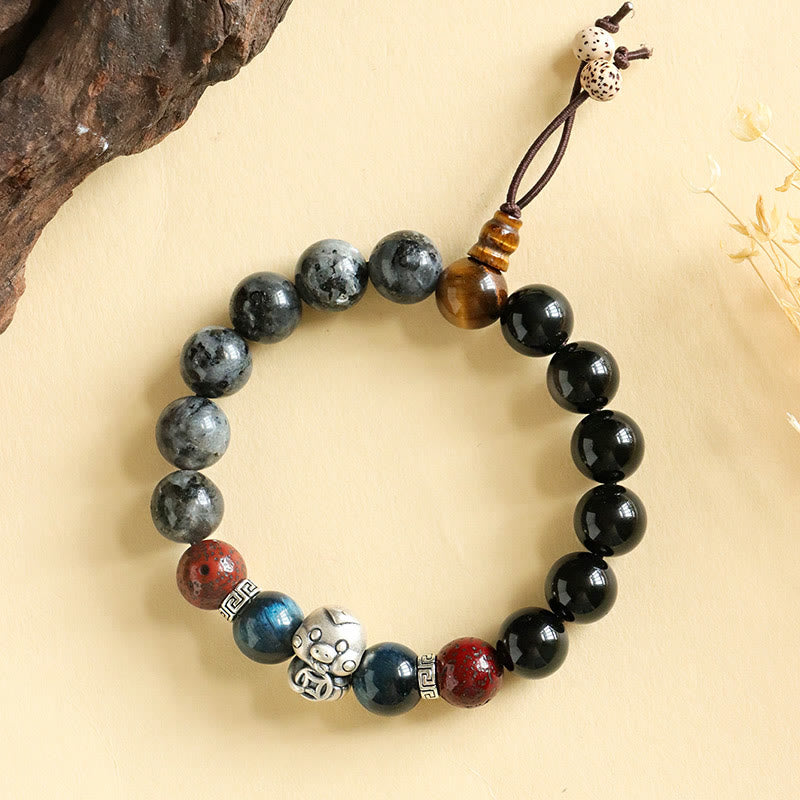 Buddha Stones Black Glitter Stone Black Onyx 999 Sterling Silver Fu Character Copper Coin Year Of Snake Protection Bracelet BS