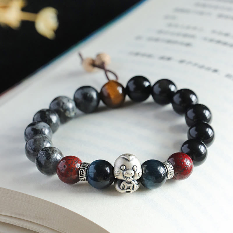 Buddha Stones Black Glitter Stone Black Onyx 999 Sterling Silver Fu Character Copper Coin Year Of Snake Protection Bracelet BS
