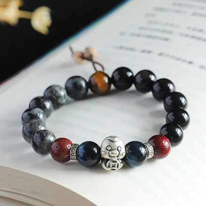 Buddha Stones Black Glitter Stone Black Onyx 999 Sterling Silver Fu Character Copper Coin Year Of Snake Protection Bracelet BS