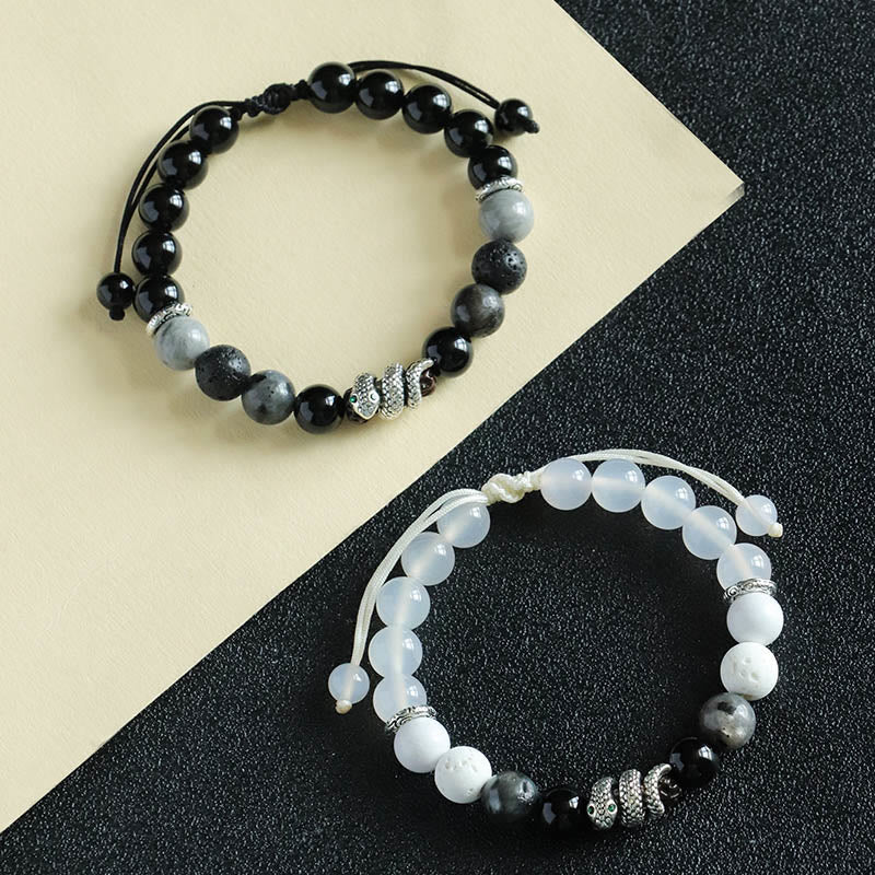 Buddha Stones Black Glitter Stone White Turquoise Black Onyx 999 Sterling Silver Year Of Snake Courage Bracelet