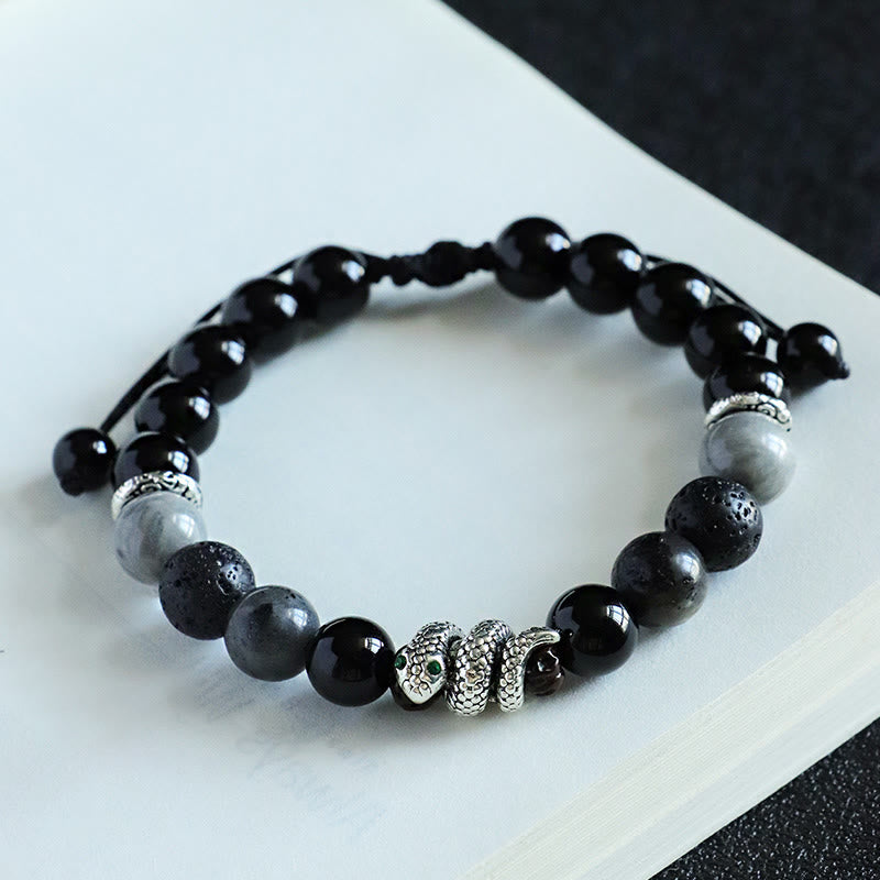 Buddha Stones Black Glitter Stone White Turquoise Black Onyx 999 Sterling Silver Year Of Snake Courage Bracelet