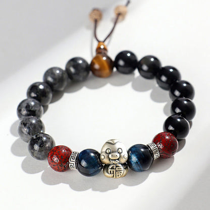 Buddha Stones Black Glitter Stone Black Onyx 999 Sterling Silver Fu Character Copper Coin Year Of Snake Protection Bracelet BS