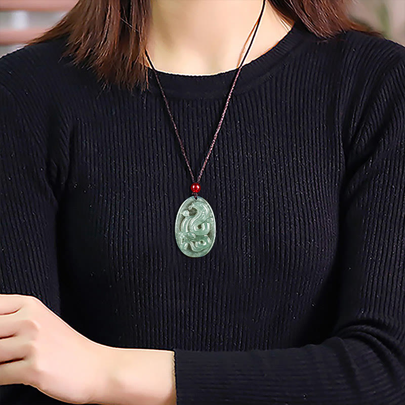 Buddha Stones Natural Jade Oval Year Of The Snake Luck Necklace Pendant