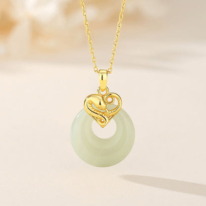 Collier pendentif en argent sterling 925 avec pendentif en forme de cœur en jade Hetian et calcédoine, boucle de paix, année du serpent, bénédiction et chance