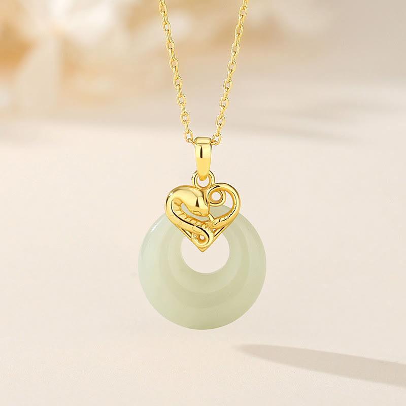 Buddha Stones 925 Sterling Silver Heart Hetian Jade Chalcedony Peace Buckle Year Of The Snake Blessing Luck Necklace Pendant