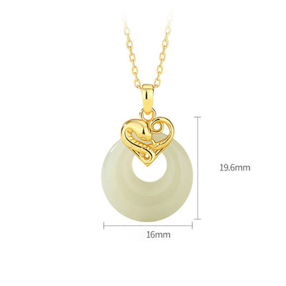 Collier pendentif en argent sterling 925 avec pendentif en forme de cœur en jade Hetian et calcédoine, boucle de paix, année du serpent, bénédiction et chance