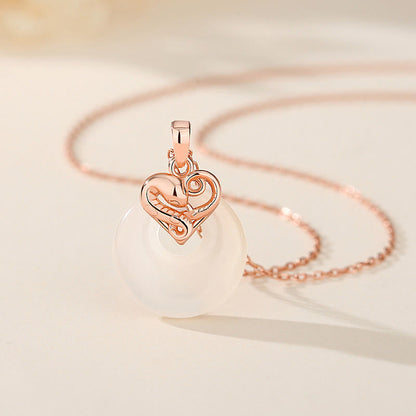 Collier pendentif en argent sterling 925 avec pendentif en forme de cœur en jade Hetian et calcédoine, boucle de paix, année du serpent, bénédiction et chance
