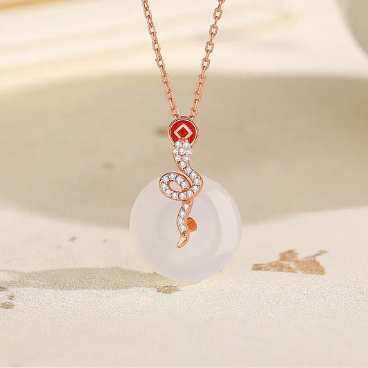 Buddha Stones 925 Sterling Silver Chalcedony Peace Buckle Year Of The Snake Luck Necklace Pendant BS