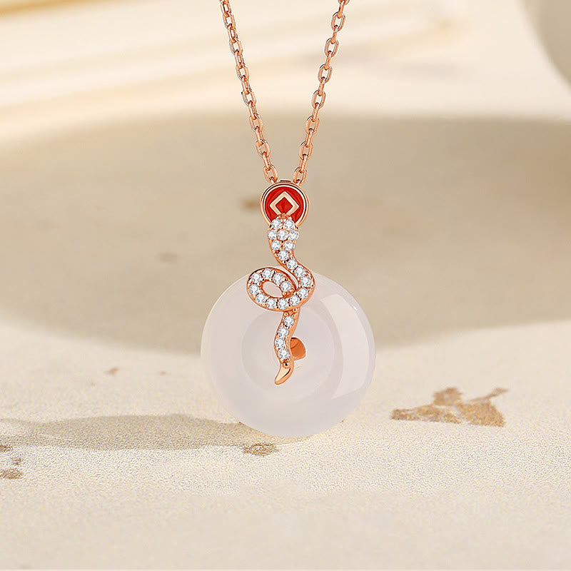 Collier avec pendentif porte-bonheur en argent sterling 925 et calcédoine, boucle de paix, année du serpent 