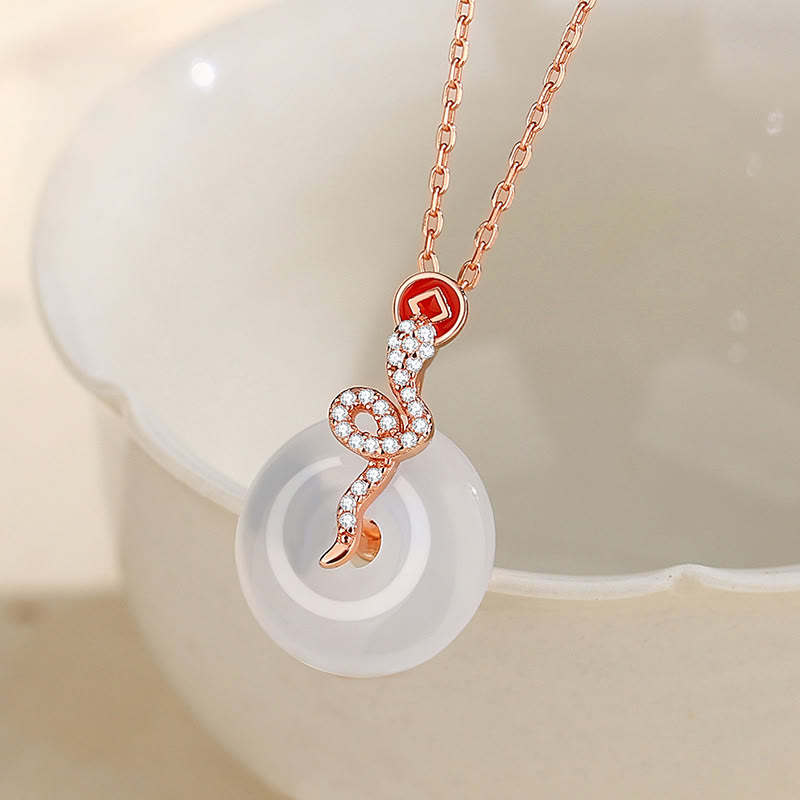Collier avec pendentif porte-bonheur en argent sterling 925 et calcédoine, boucle de paix, année du serpent 