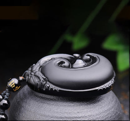 Collier pendentif en obsidienne noire naturelle PiXiu à motif ovale et pierre de Bouddha 