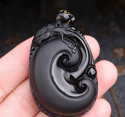 Collier pendentif en obsidienne noire naturelle PiXiu à motif ovale et pierre de Bouddha 