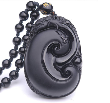 Collier pendentif en obsidienne noire naturelle PiXiu à motif ovale et pierre de Bouddha 