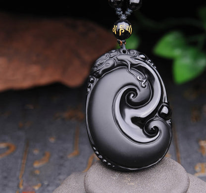 Collier pendentif en obsidienne noire naturelle PiXiu à motif ovale et pierre de Bouddha 