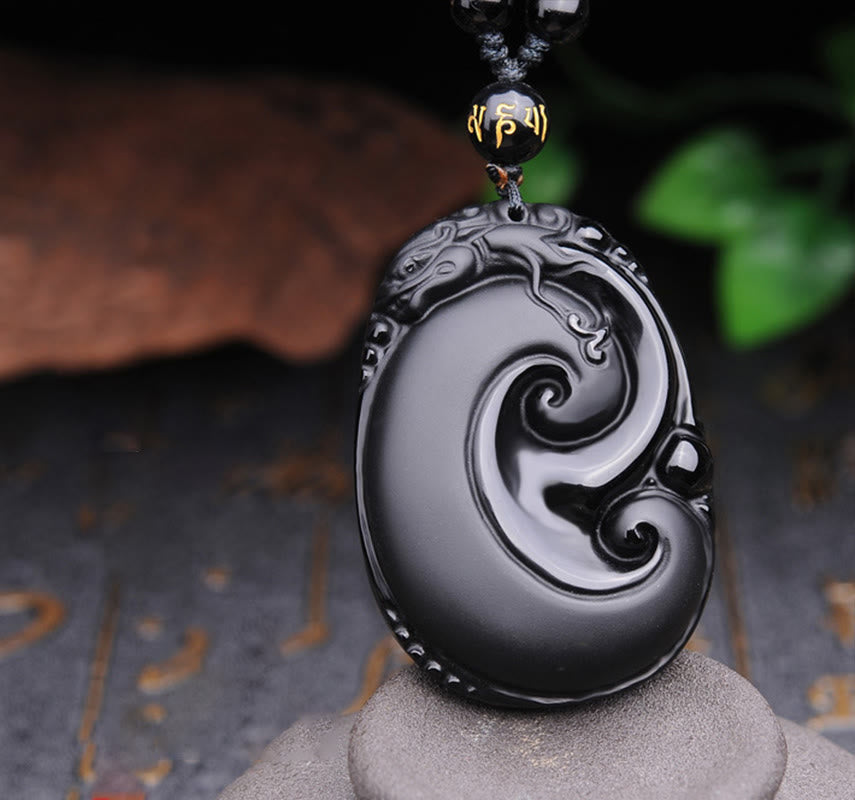 Buddha Stones Natural Black Obsidian PiXiu Oval Pattern Strength Necklace Pendant