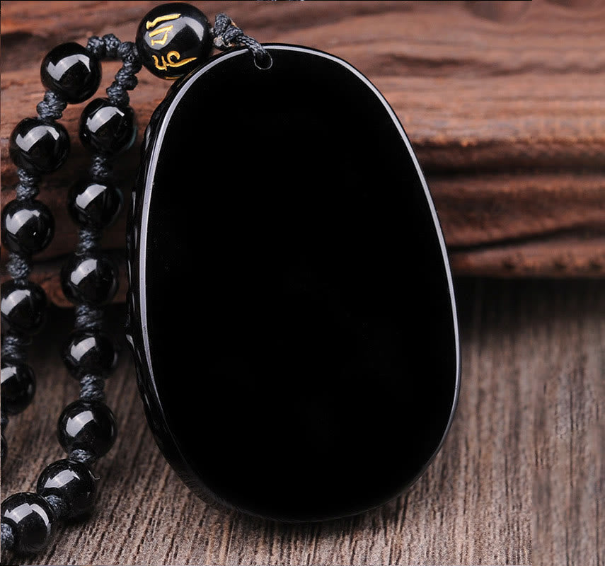 Collier pendentif en obsidienne noire naturelle PiXiu à motif ovale et pierre de Bouddha 