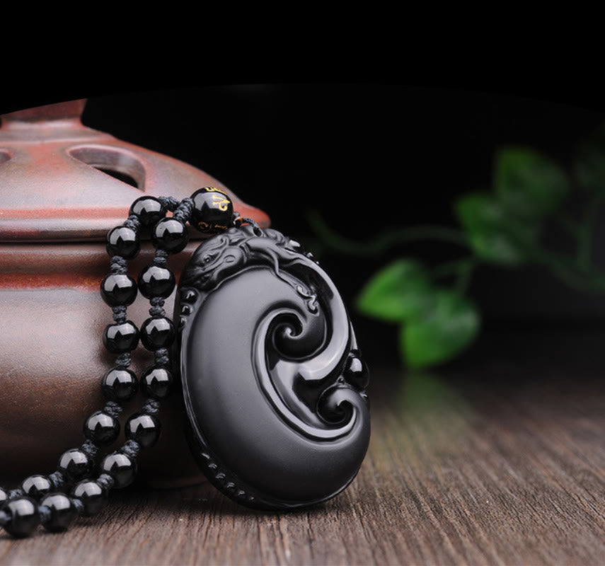 Collier pendentif en obsidienne noire naturelle PiXiu à motif ovale et pierre de Bouddha 