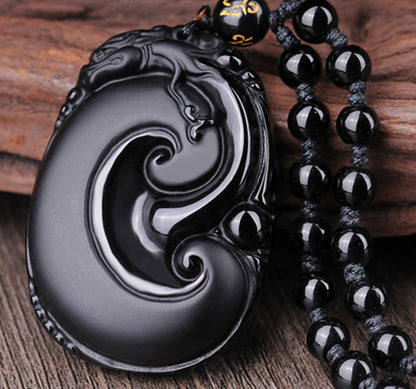 Collier pendentif en obsidienne noire naturelle PiXiu à motif ovale et pierre de Bouddha 